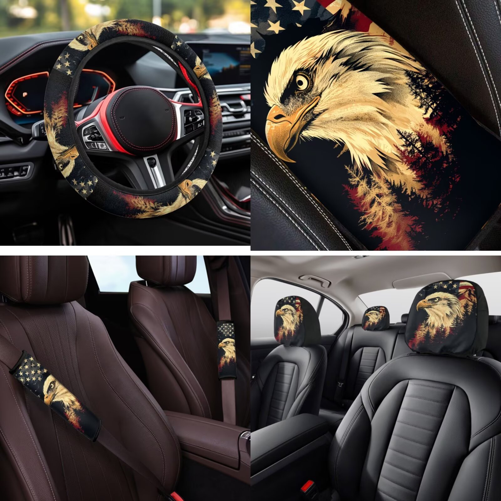 Garronmavis American Eagle Flag Car Seat Covers Full Set 14 Pack Car Headrest Protector Steering Wheel Cover Armrest Cover Seat Belt Covers Key Ring and Cup Coaster Fit for Most Cars, SUV