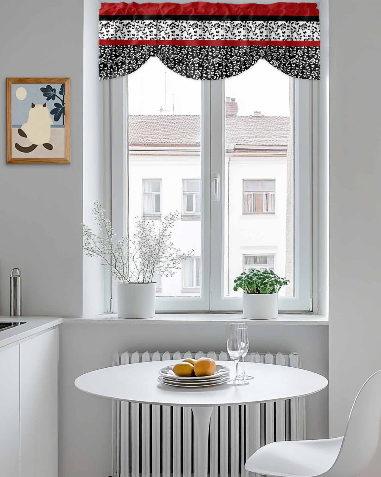 Abstract Red Tie Up Valances Curtain, Adjustable Kitchen Black Stripes Floral Plant Modern Vintage Valances for Windows Decor, Rod Pocket Short Curtains Set for Bedroom/Bathroom, 54"x18"