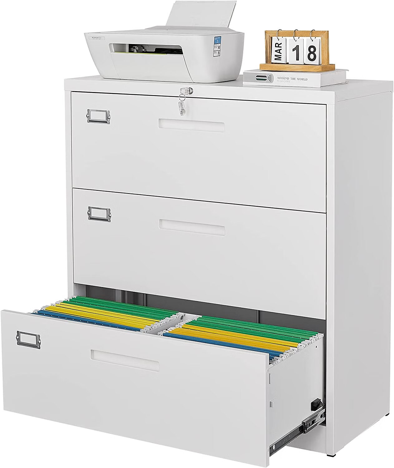 STANI 3 Drawer Lateral File with Lock, White Lateral Filing