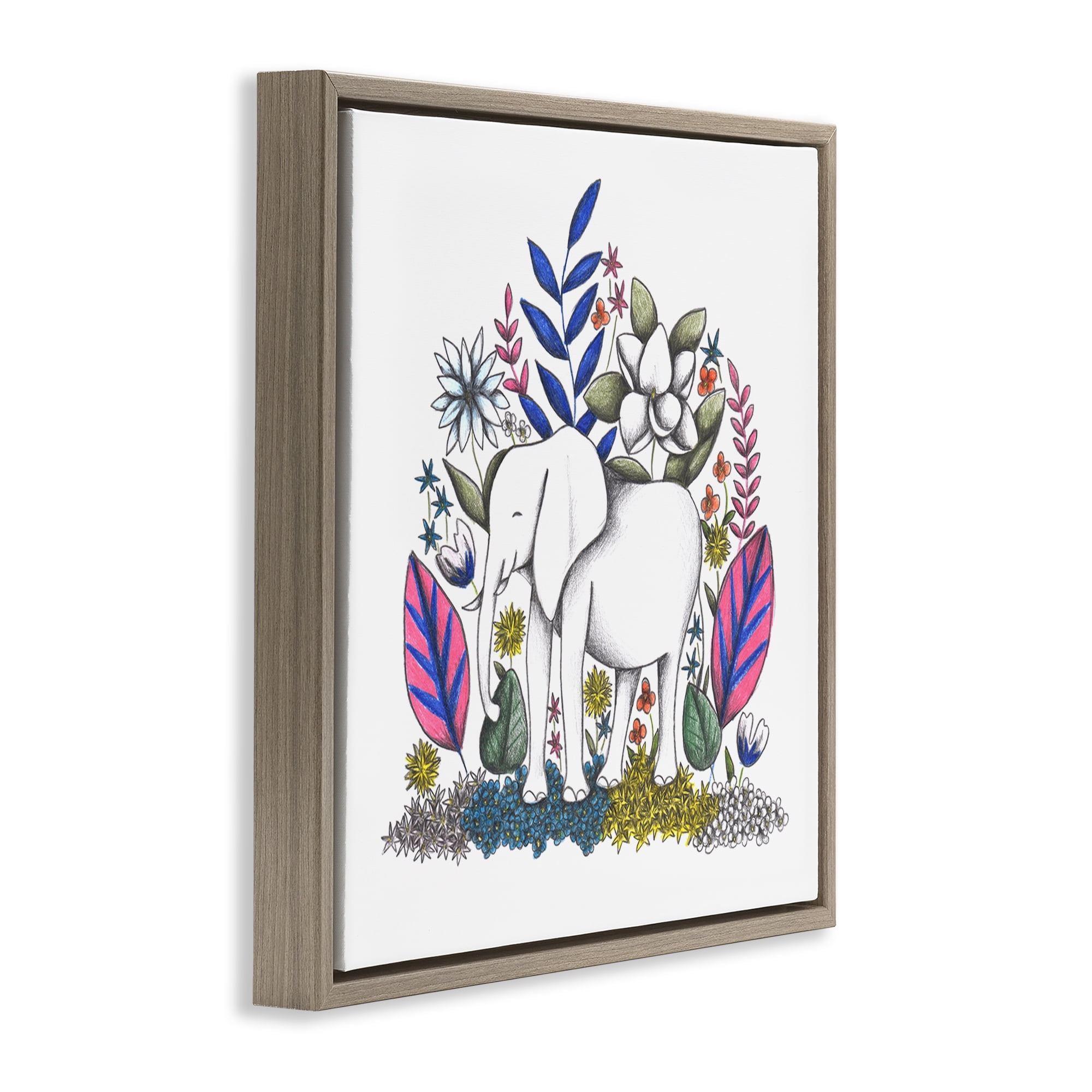 Elephant in Midst of Flowers Brown Framed Floater Canvas Wall Art, design by Cecilia Battaini