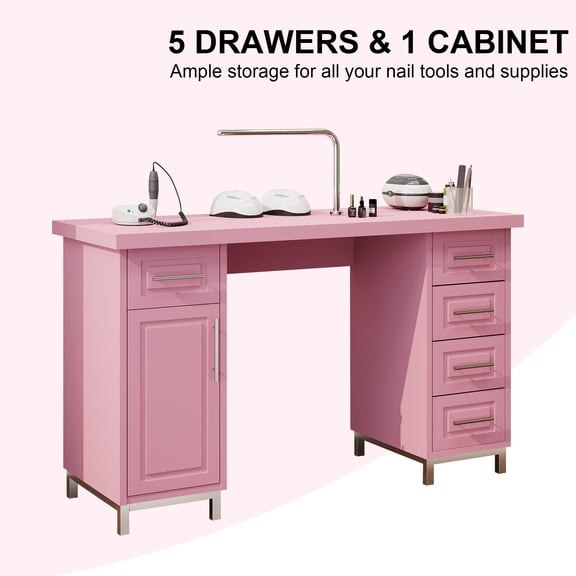DreamCurship Manicure Table Nail Desk for Nail Tech, Nail Table with 5 Drawers and Cabinet, Beauty Salon Spa, Pink