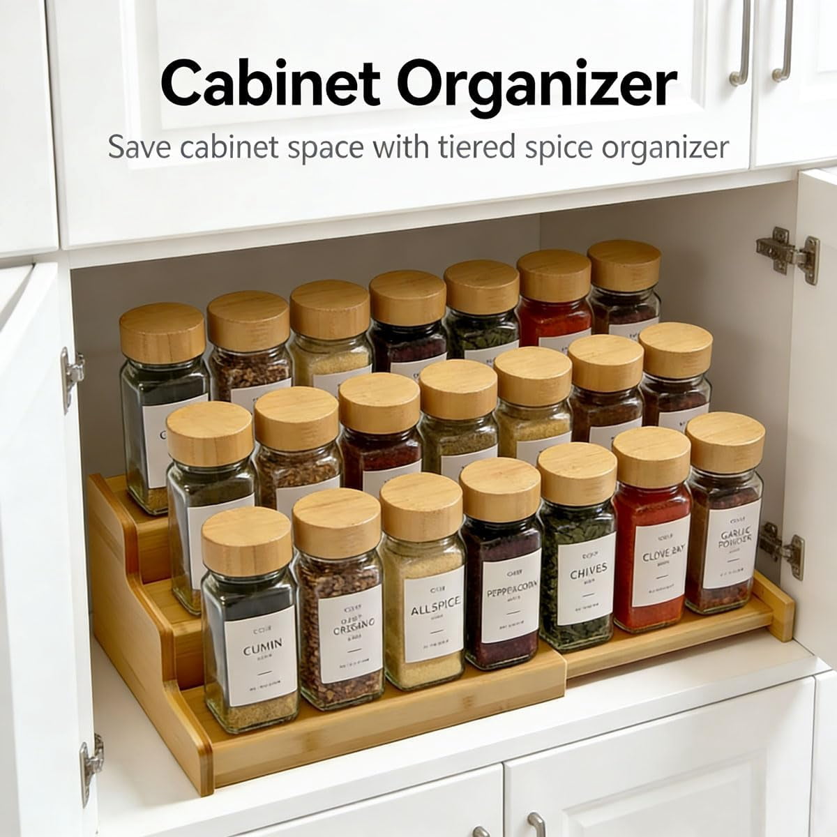 Carestrong Spice Rack Kitchen Cabinet Organizer- 3 Tier Bamboo Expandable Spice Organization for Cabinet,Yellow.