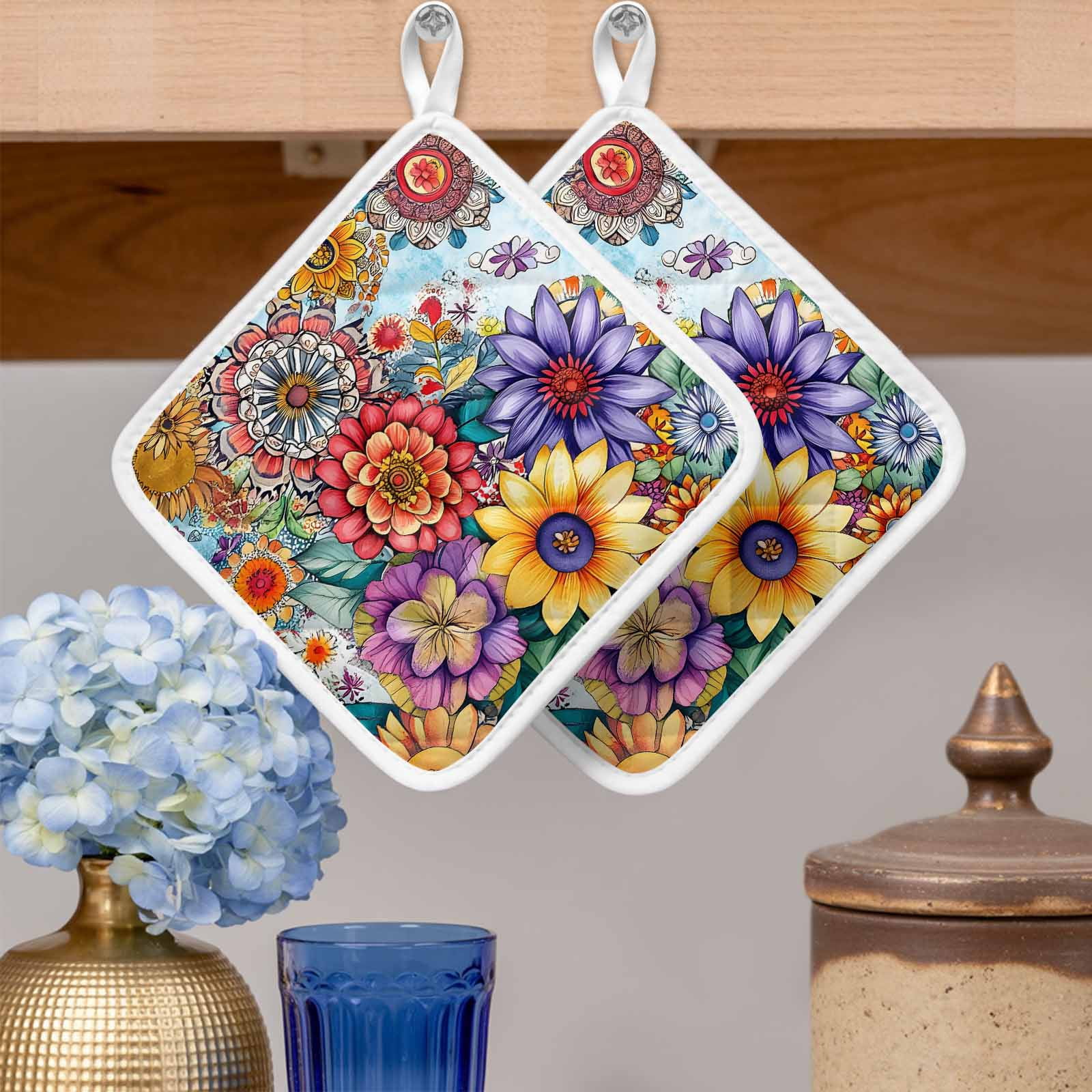 Boho Flowers Pot Holders for Kitchen Heatproof Potholder, 5 Pack Bohemia Ethnic Floral Colorful Floral Hot Pads Multipurpose Oven Pads Cloth Potholders Trivet for Cooking Baking