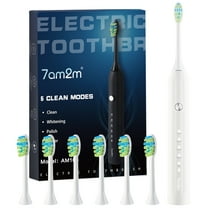 7AM2M Sonic Electric Toothbrush with 6 Brush Heads for Adults and Kids, One Charge for 90 Days, 5 Modes, 40000VPM Powered Toothbrush, 2 Minutes Build in Smart Timer, Roman Column Handle Design,White