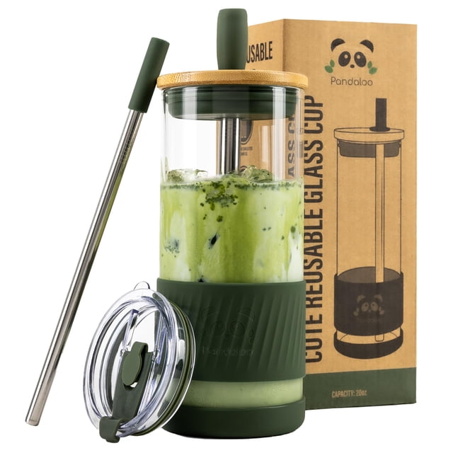 Vasos de vidrio Pandaloo con tapas y pajitas de 600 ml Mediterranean