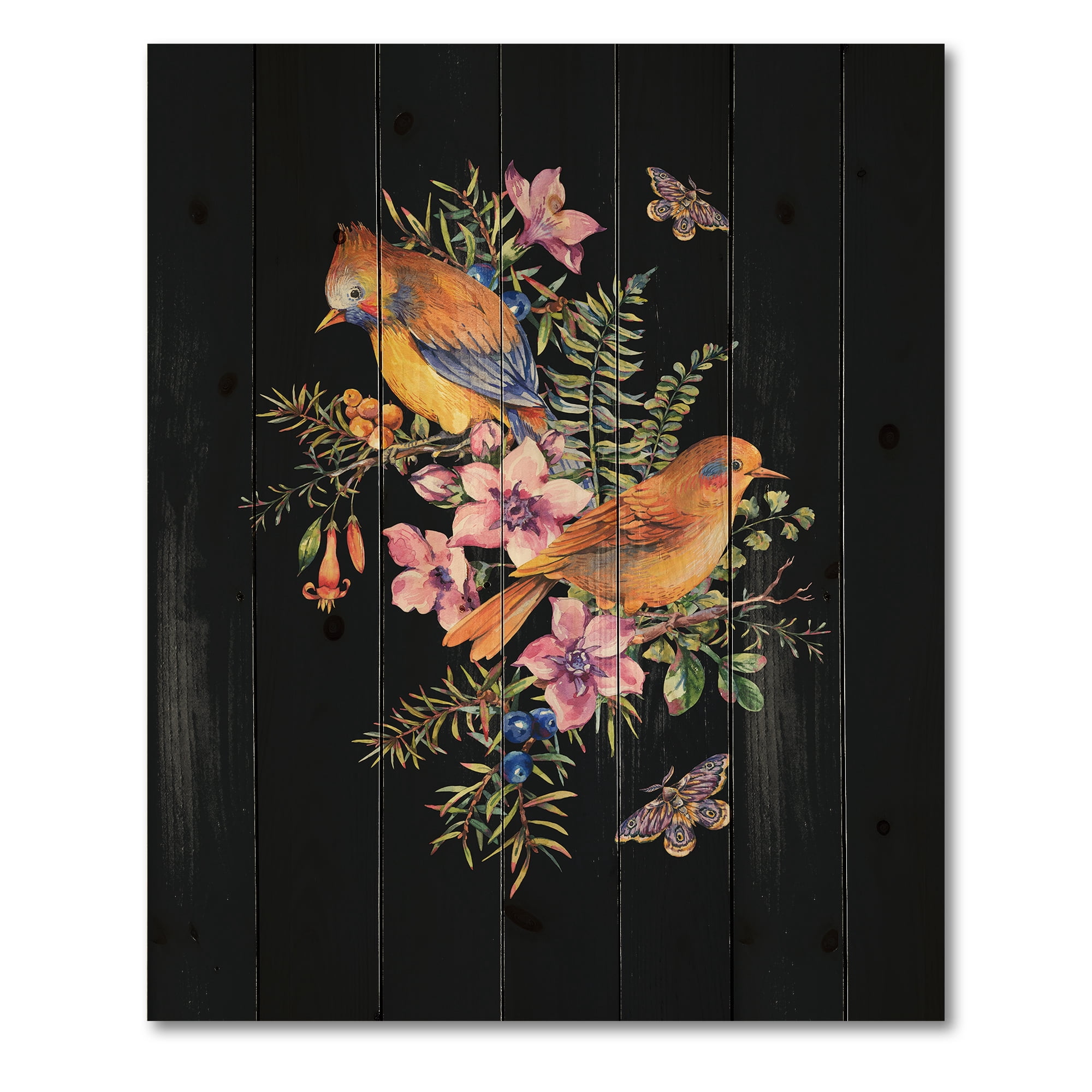 Designart 'Little Bird Sitting On Colourful Bouquet Of Wildflowers II' Traditional Print on Natural Pine Wood