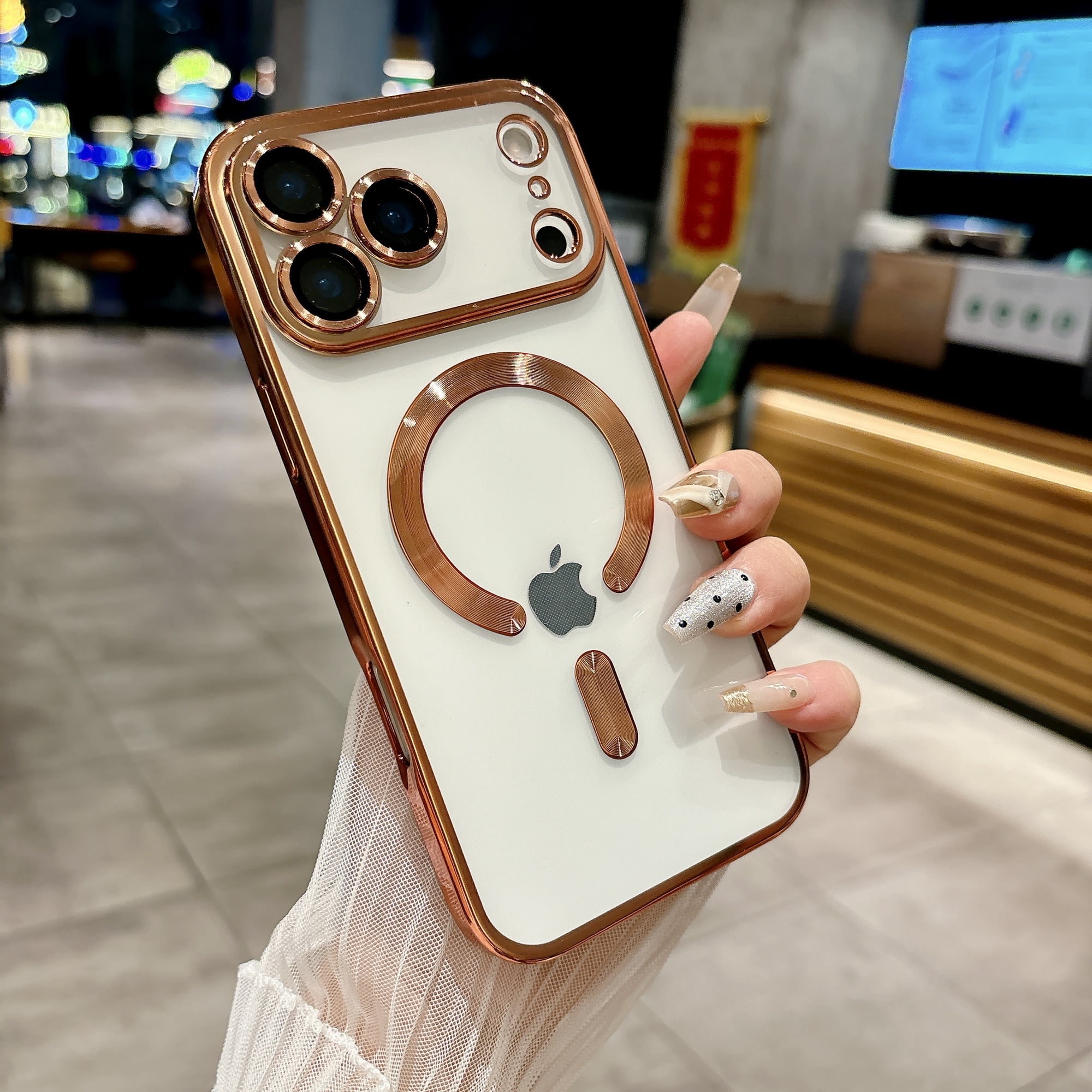 Dteck for iPhone 17 Pro Max Mangetic Case, Shockproof Camera Lens Protector Clear Magnetic Luxury Plating Compatible with MagSafe Soft TPU Rubber Elegant Anti-Scratch Case 6.9 inch, Desertgold