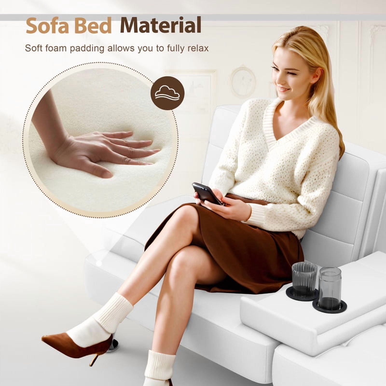 Furmax 3-in-1 Futon Sofa Bed Convertible Couch – Faux Leather Recliner with Cup Holders for Living Room, Apartment & Small Space, White