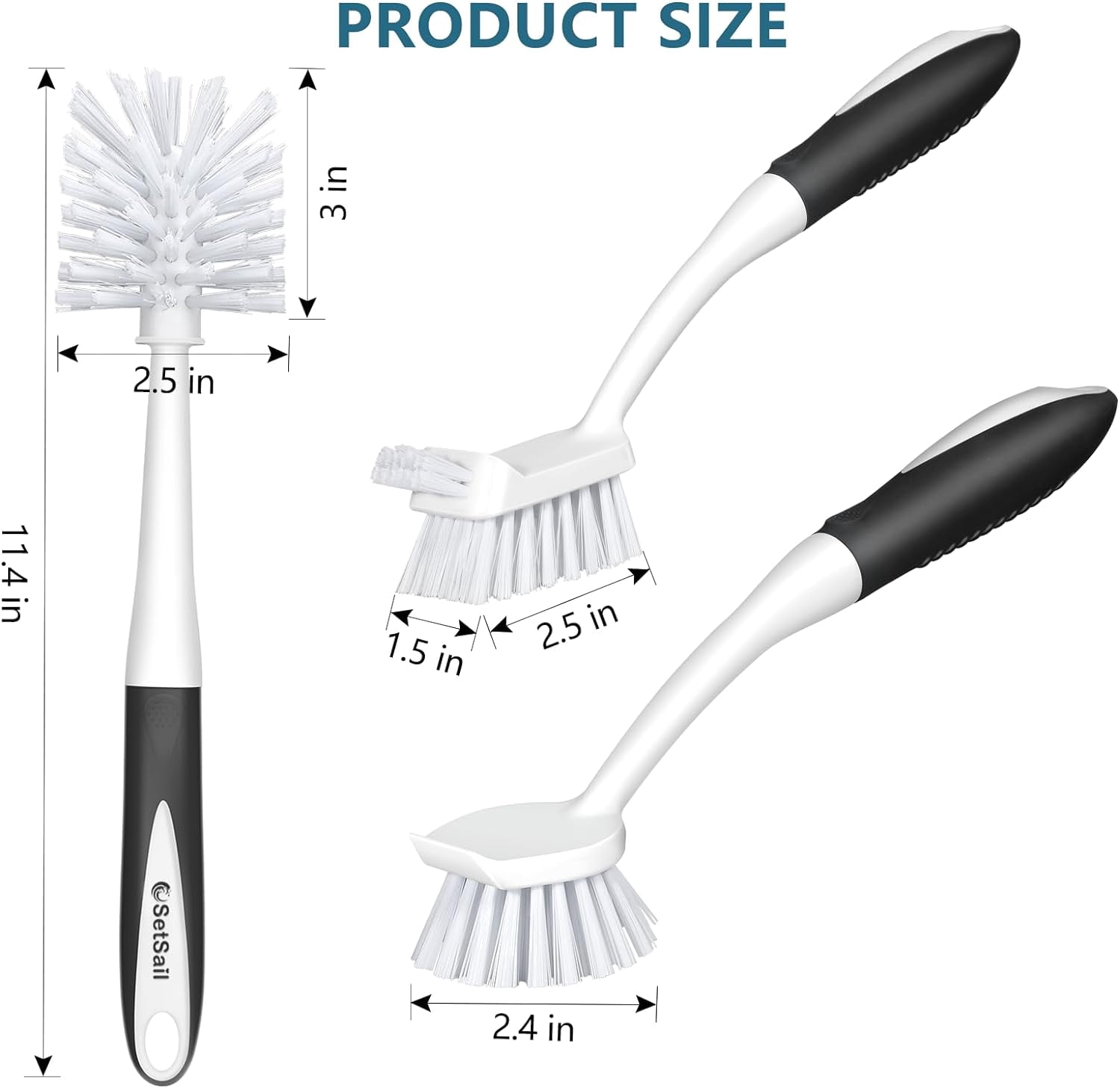 Dish Brush Set of 3 with Bottle Brush, Scrub Long Handle Deep Cleaning Scraper Tip for Kitchen Sink Dishes Cup Pot and Pans Tile Lines,
