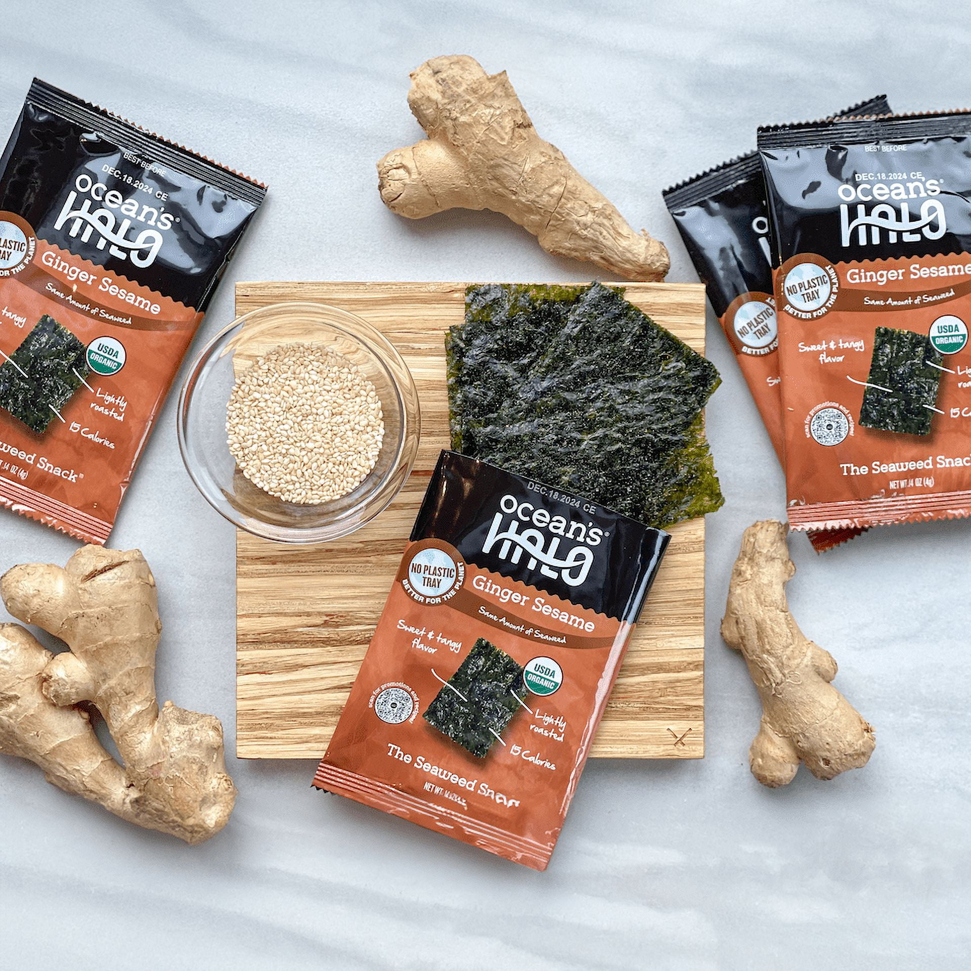 (5 pack) Ocean's Halo, Organic Trayless Seaweed Snack, Ginger Sesame, Vegan, Crispy Shelf-Stable Nori, 0.14 oz