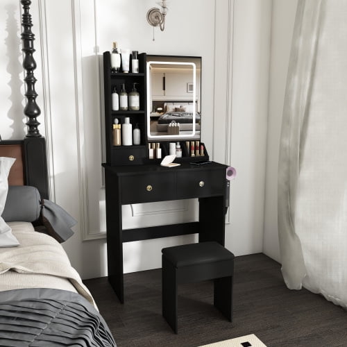 Modern Vanity Desk Set with LED Lighted Mirror, 3 Color Lighting Modes Adjustable Brightness, Built-in Power Outlet & Hair Dryer Holder, Drawers & Open Storage Shelves, Dressing Chair, Black