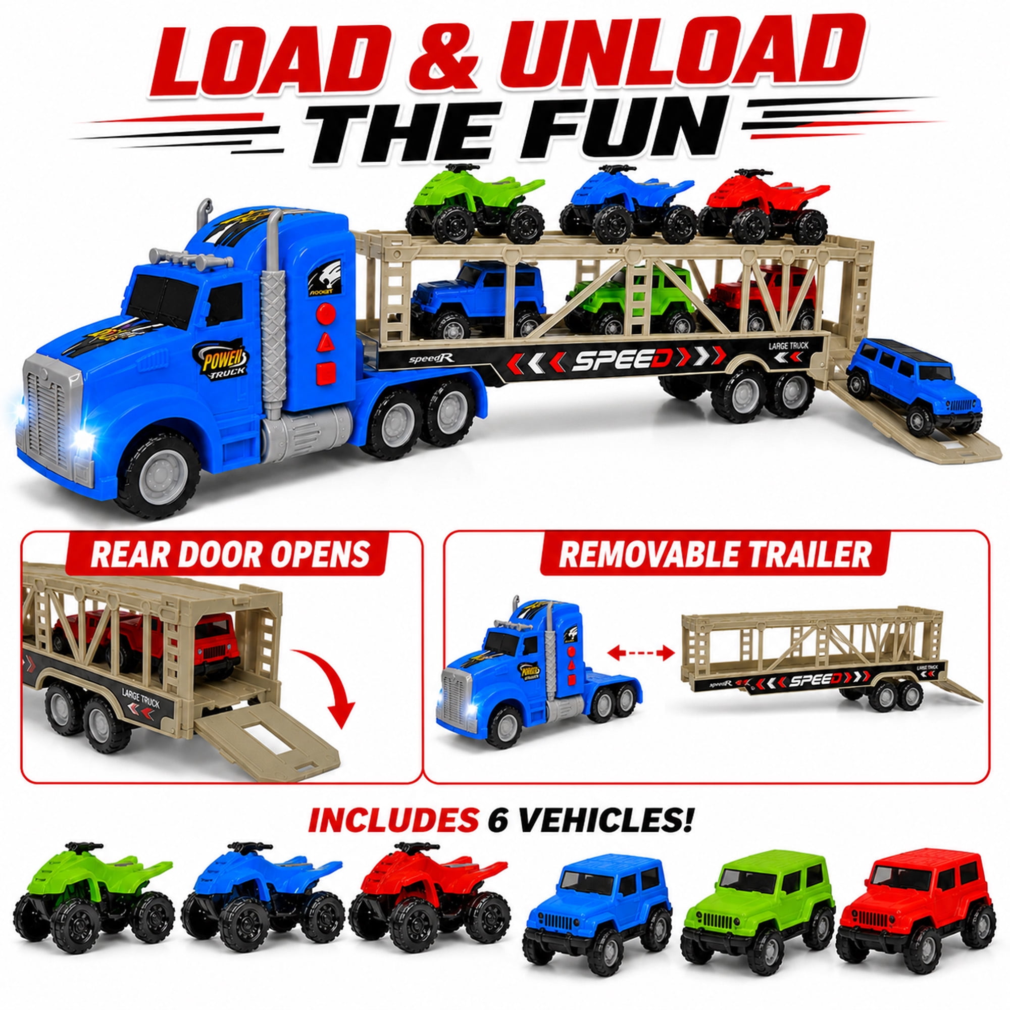 23-Inch Friction-Powered Car Carrier Truck Toy with 6 Mini Vehicles, Lights and Sounds, Detachable Trailer and Opening Rear Door