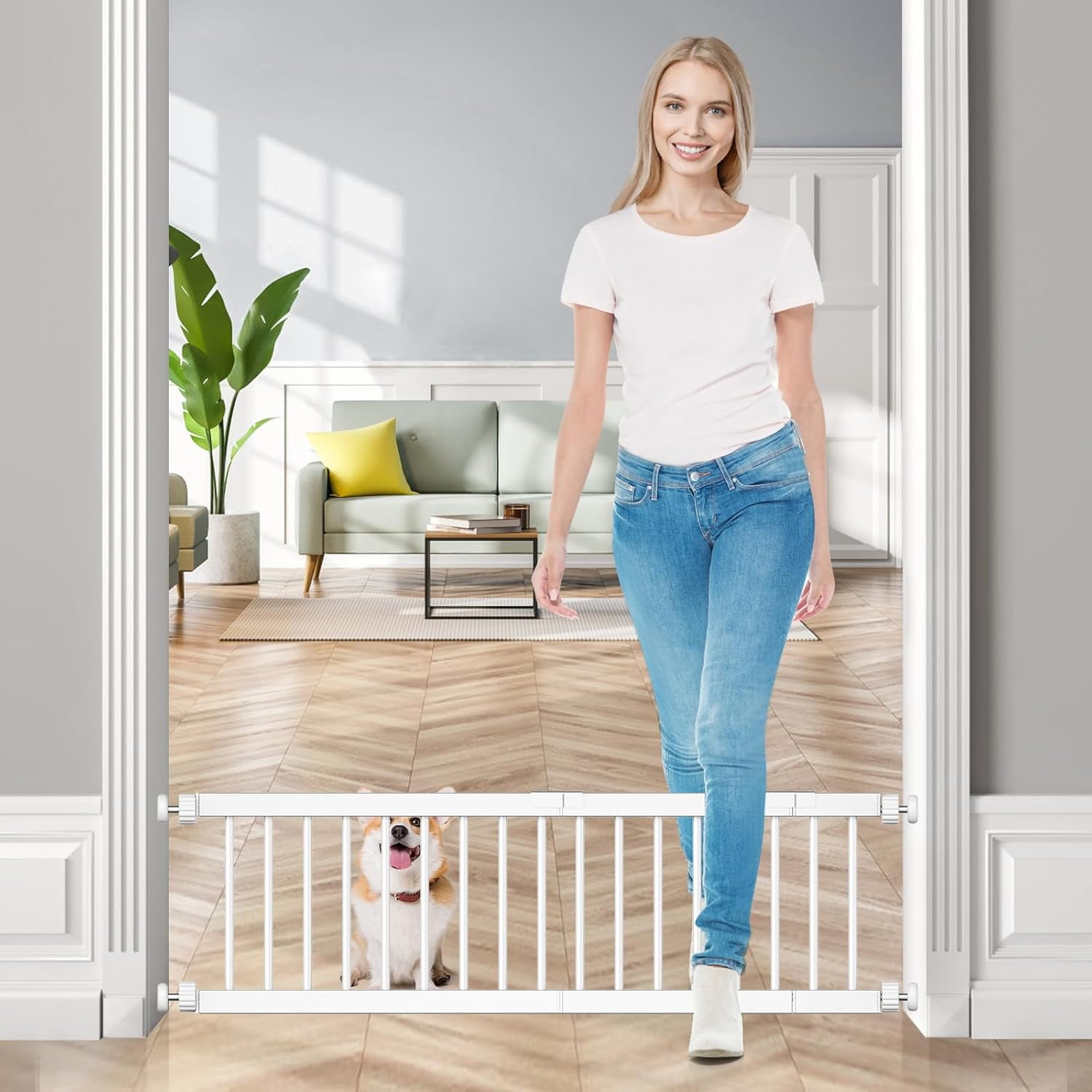 Dog Gate Indoor,18"-45" Extra Wide Metal Short Dog Gate to Step Over, 14" Tall Small Pet Gate with 3 Extension Kits, Pressure Mounted for Doorways & Stairs