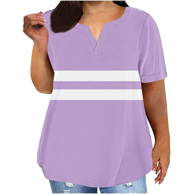 Lenpel Hauts Grande Taille pour Femmes Mode Été Manches Courtes Col en V T-Shirts à Rayures Color Block Tuniques Décontractées