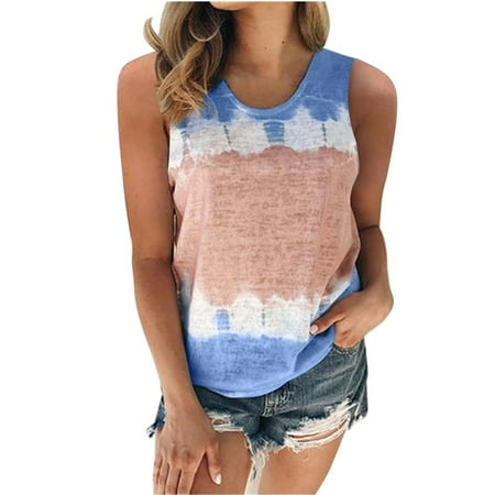 

Fashion Womens Color Block Tie-Dye Sleeveless Crew-Neck Casual Tanks Tops（S-5XL）