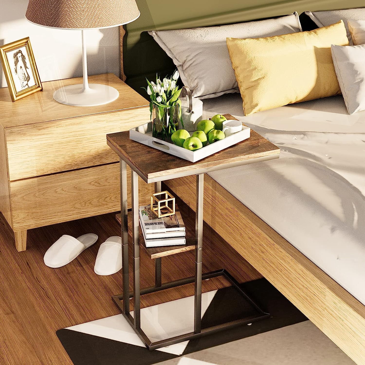 Aboxoo Indoor Rustic Stability Wood Metal End Table, Brown