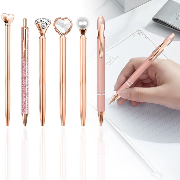 Clearance Sale! 6PCS Diamond Ballpoint Pen Set, Retractable Sparkly Pens for Writing & Gifting, Plastic, for Office & Home, (14cm, Gold)