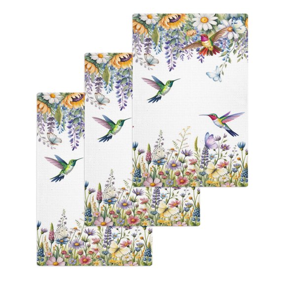 Watercolor Floral Kitchen Dish Towels for Drying Dishes Set of 3, Spring Daisy Sunflowers Wisteria Hummingbird Waffle Weave Microfiber Hand Tea Bathroom Towels Quick Dry & Absorbent Towel 15.7x23.6