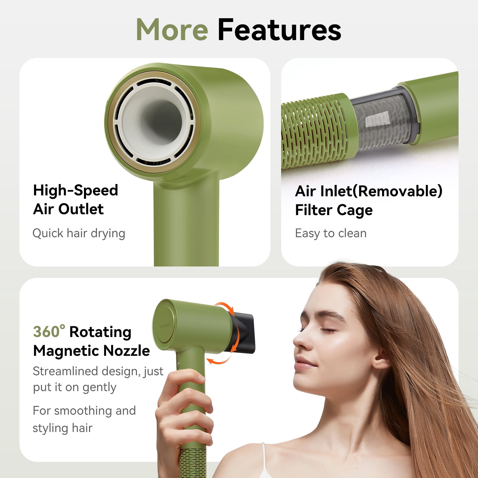Green Ionic High Speed Hair Dryer,110000 RPM Brushless Motor, 500M Negative Ions, Low Noise Lightweight Blow Dryer with Thermo-Control,Magnetic Nozzle