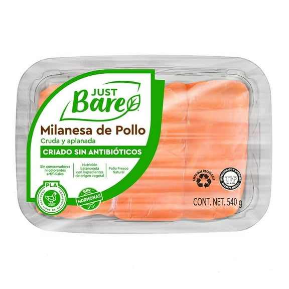 Milanesa de pollo Just Bare cruda y aplanada 540 g