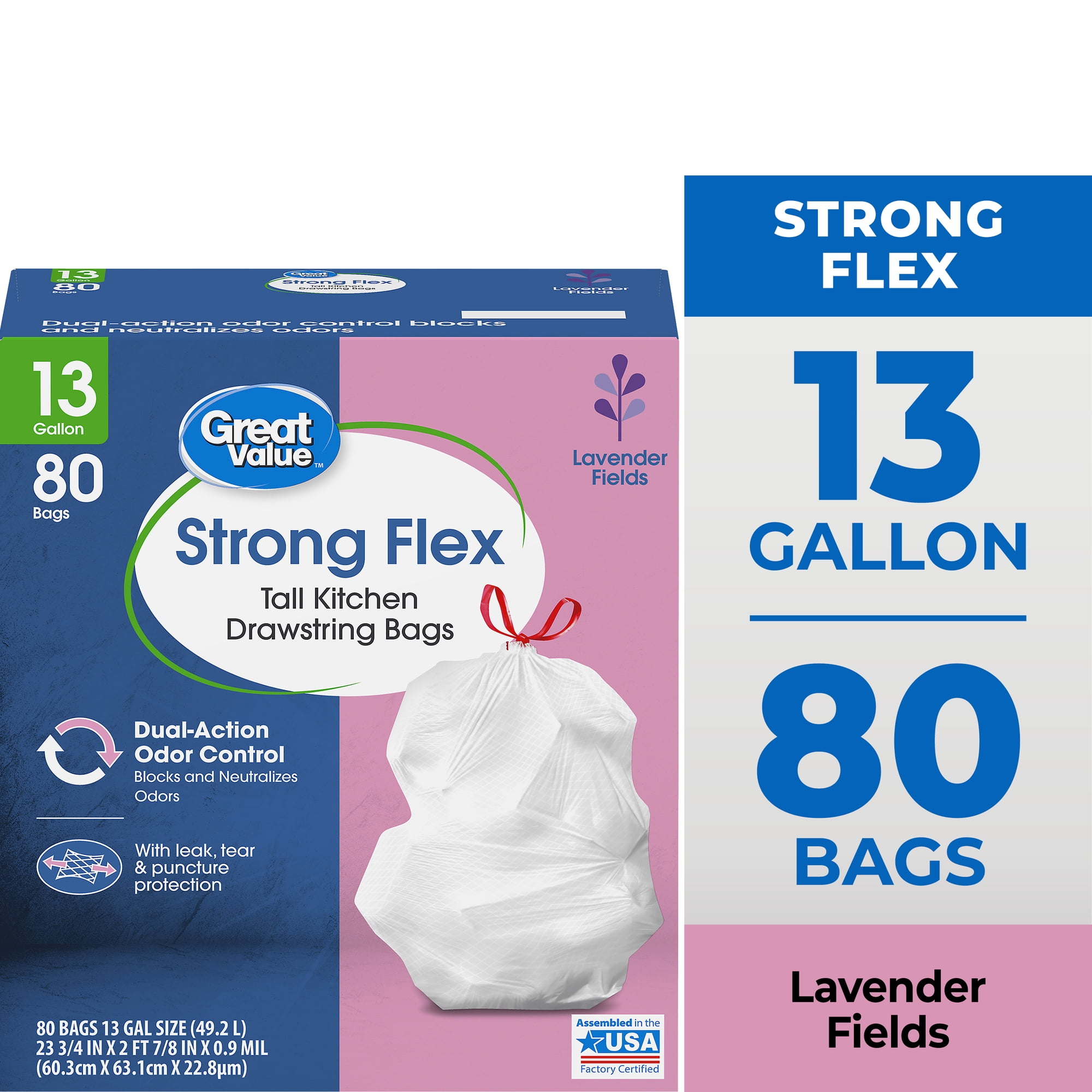 Great Value Strong Flex Tall Kitchen Drawstring Garbage Bags, Lavender Fields, 13 Gallon, 80 Count