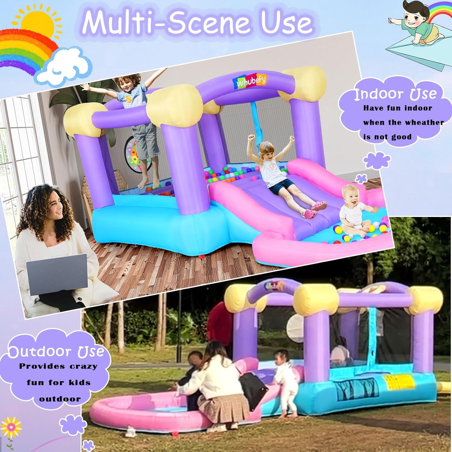 Inflatable Bounce House, 161"X82"X63" Indoor Outdoor Jumping House with 470W Blower, Water Slide Bouncy Castle for Kids Toddler 3~10 Years, Backyard Birthday Party Gifts