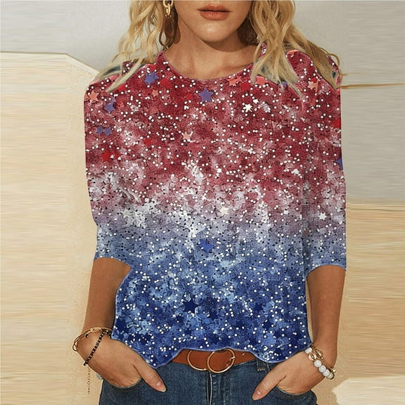 Cavosen Red White and Blue Clothes for Women Petite Patriotic 3/4 Sleeve Round Neck Tops American Flag Print T Shirts Lady XL Independence Day Casual Tops 4th of July Tunic Tees Patriotic Clothes