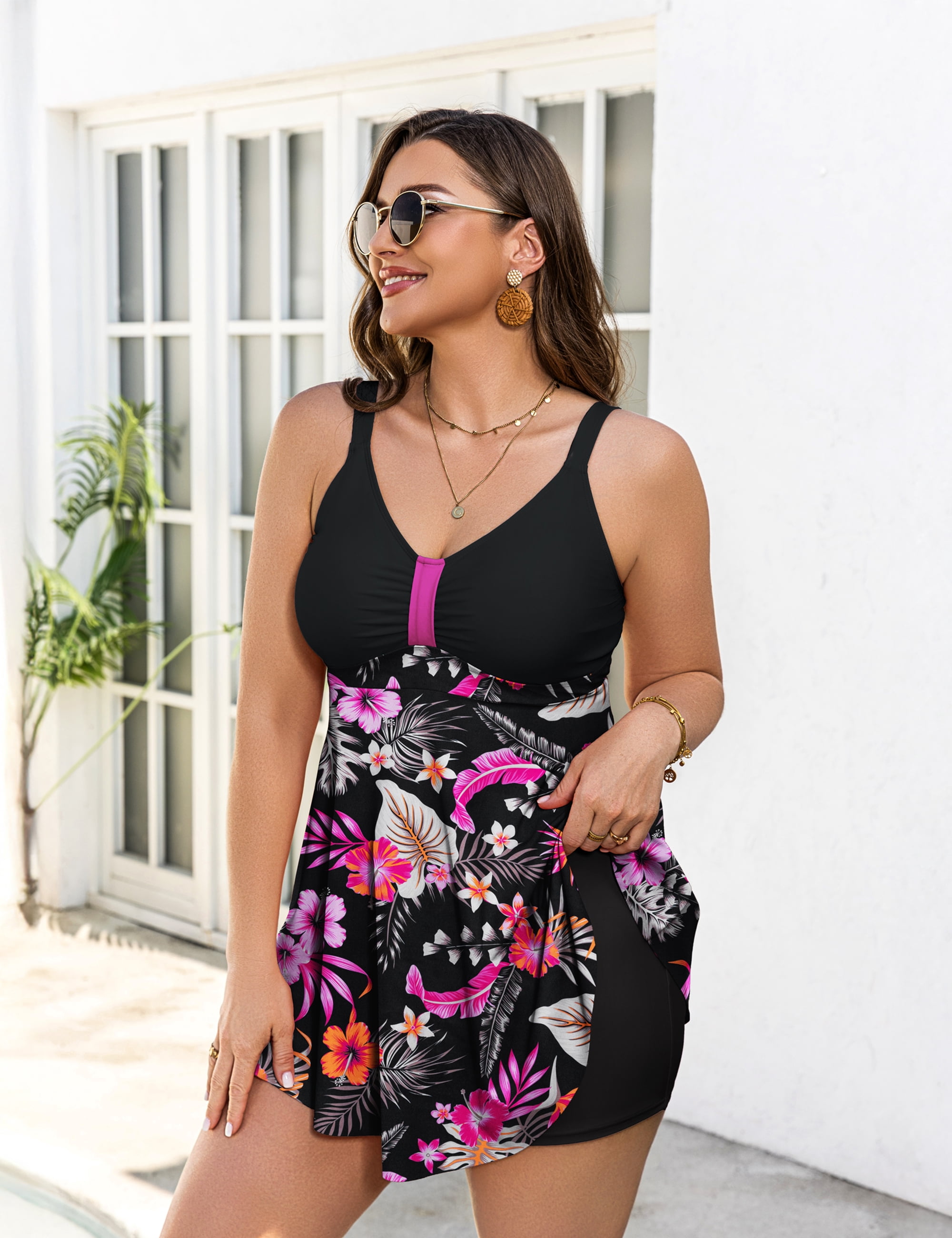 a.Jesdani Women Plus Size Swimsuit Two Piece Tummy Control Bathing Suits Flowy Tankini Swimwear with Drawstring Boys Shorts Swim Dress Brown 3X