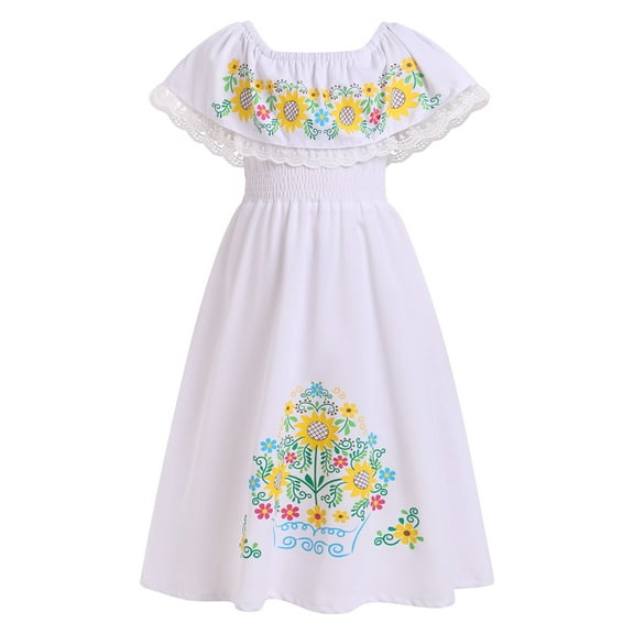 IDOPIP Mexican Dress for Girls Off-Shoulder Sunflower Print Drape Traditional Fiesta Ethnic Dresses