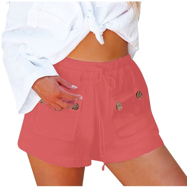 Womens Summer Casual Shorts Elastic Waisted Drawstring Solid Comfy Lightweight Linen Shorts with Two Front Pockets
