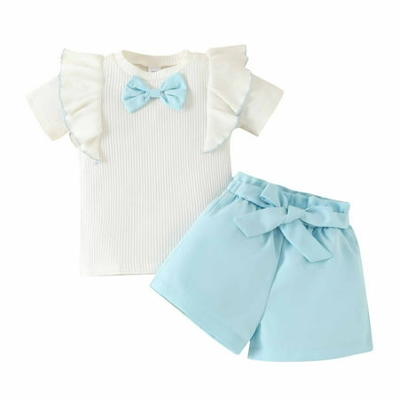 

Summer Savings Clearance! PEZHADA Summer Baby and Toddler Girls Casual Suit Short Sleeve Ruffled Bow Top With Lace Up Shorts Two Piece Sets Sky Blue
