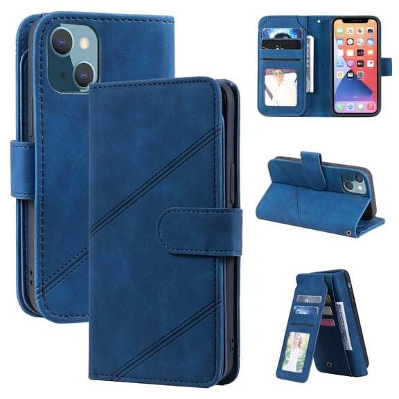Allytech Luxury Wallet Case for iPhone 15 with Wrist Strap, [9 Card Slots] [1 Cash Pocket] Premium PU Leather   Soft TPU Shockproof Magnetic Clasp Kickstand Protective Case, Blue