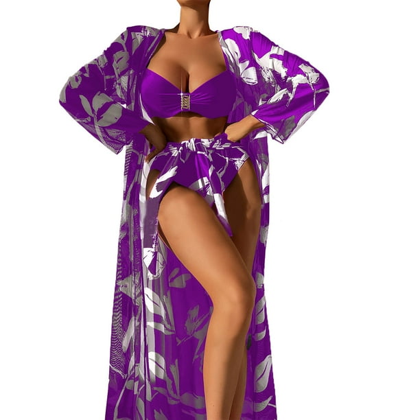 Gibobby Conjunto de Traje de Baño para Mujer Conjunto de Bikini Sexy de 3 piezas para mujer, traje de baño cubierta, Bikinis de cintura alta para mujer, (Morado,CH)