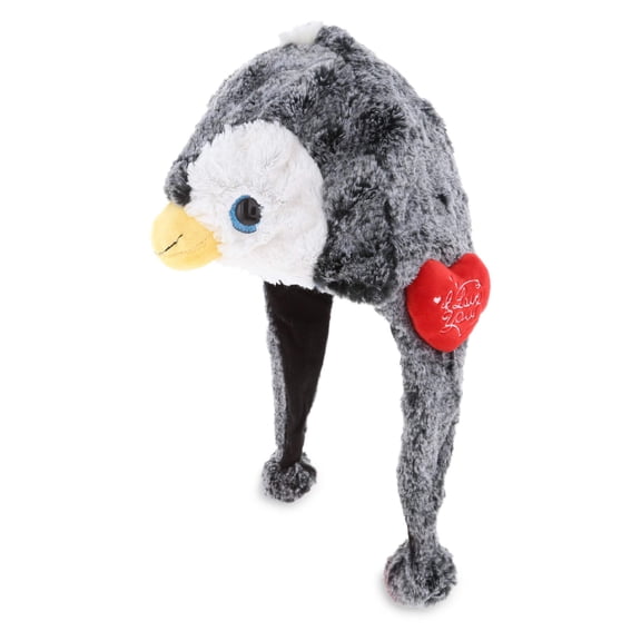 DolliBu I LOVE YOU Super Soft Plush Penguin Hat - Cute Stuffed Animal with Red Heart For Valentine, Anniversary, Romantic Date, Costume Wild Life Plush Hat Gift For Boyfriend or Girlfriend - 17"
