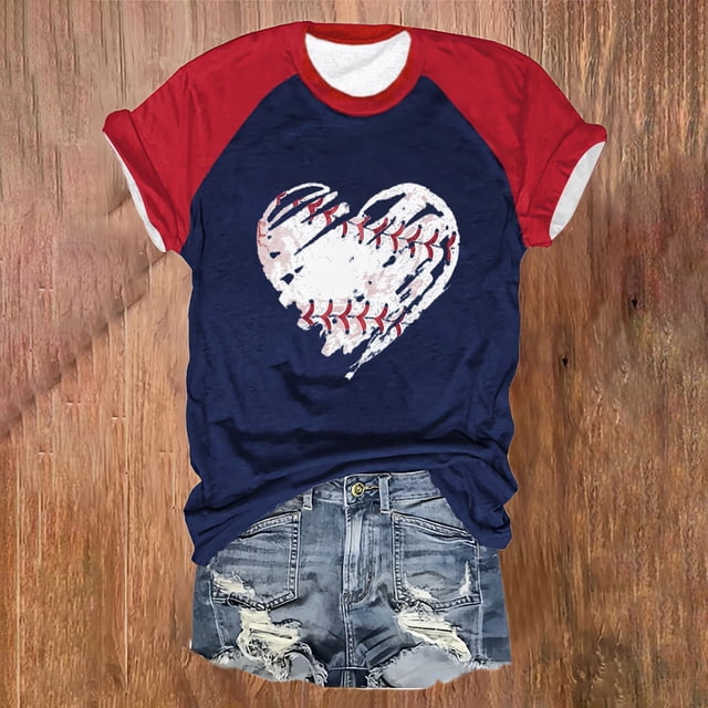 Hauts d'Été pour Femmes, Blouses Décontractées Élégantes 2024, T-Shirts à Blocs de Couleur Raglan Imprimé Lettres de Baseball Col Rond Manches Courtes Rose