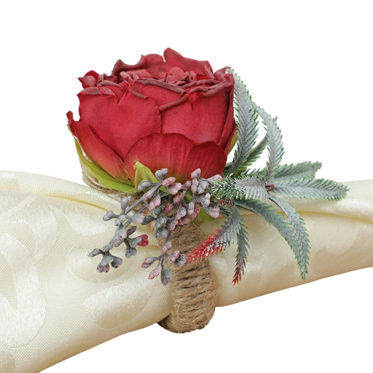 Artificial Plants & Flowers,4PCS Rose Flower Napkin Rings Artificial Flower  Napkin Holders Serviette Buckles 