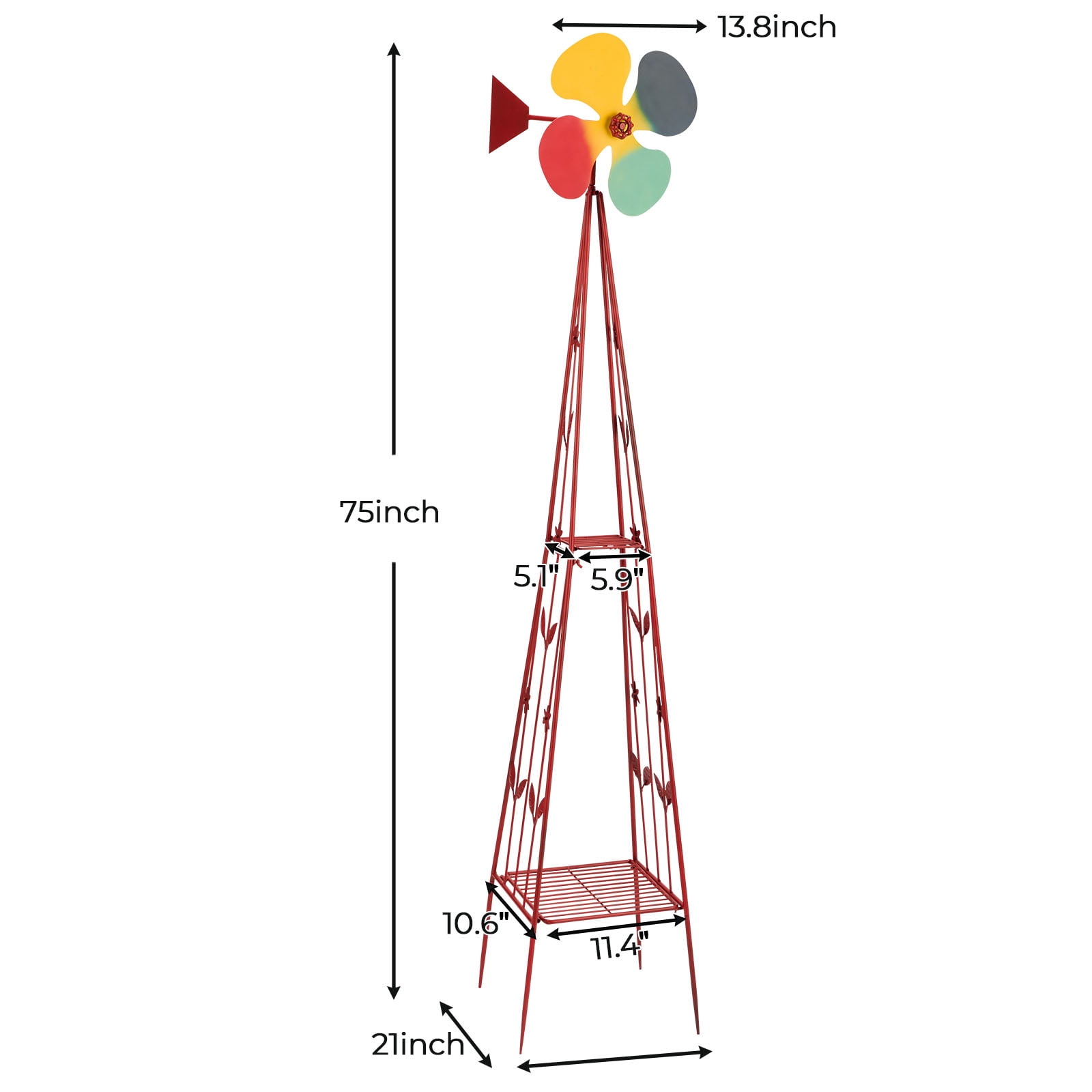 6.2FT Red Metal Garden Windmill Decor with 4 Rotatable Blades, 4-Leg Stand & Storage Shelf, Weather Resistant Iron Yard Ornament for Patio Lawn