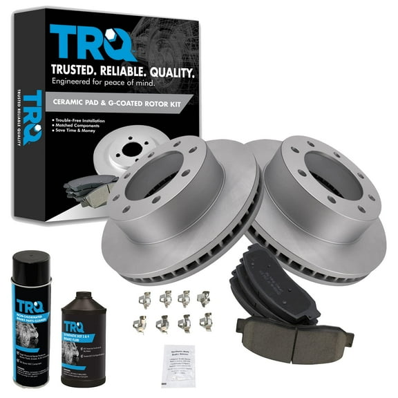 TRQ Brake Coated Rotor & Ceramic Pad Front Kit w/Fluids for Ford F250 F350 BKA24296