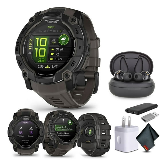 Garmin Instinct 3 45mm AMOLED Display Outdoor GPS Smartwatch Black (010-02936-00) with Earbuds Bundle