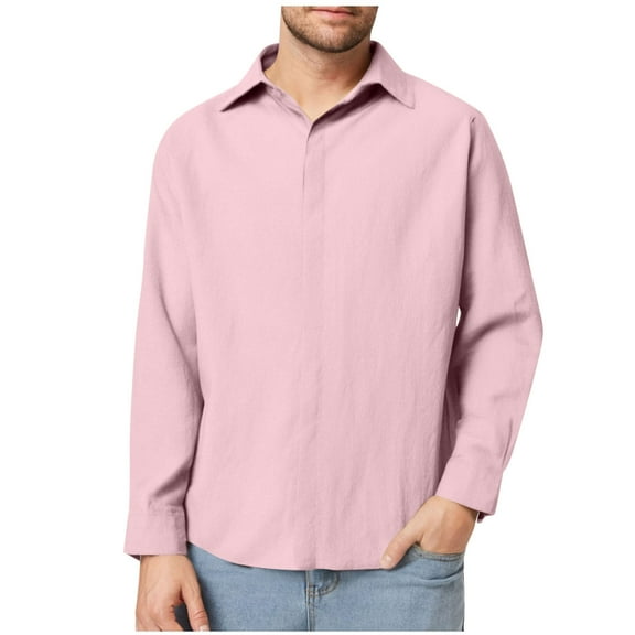 GuangCheng George Mens Button Up Shirts Long Sleeve Casual Breathable Linen Blend Blouses,Pink,XL