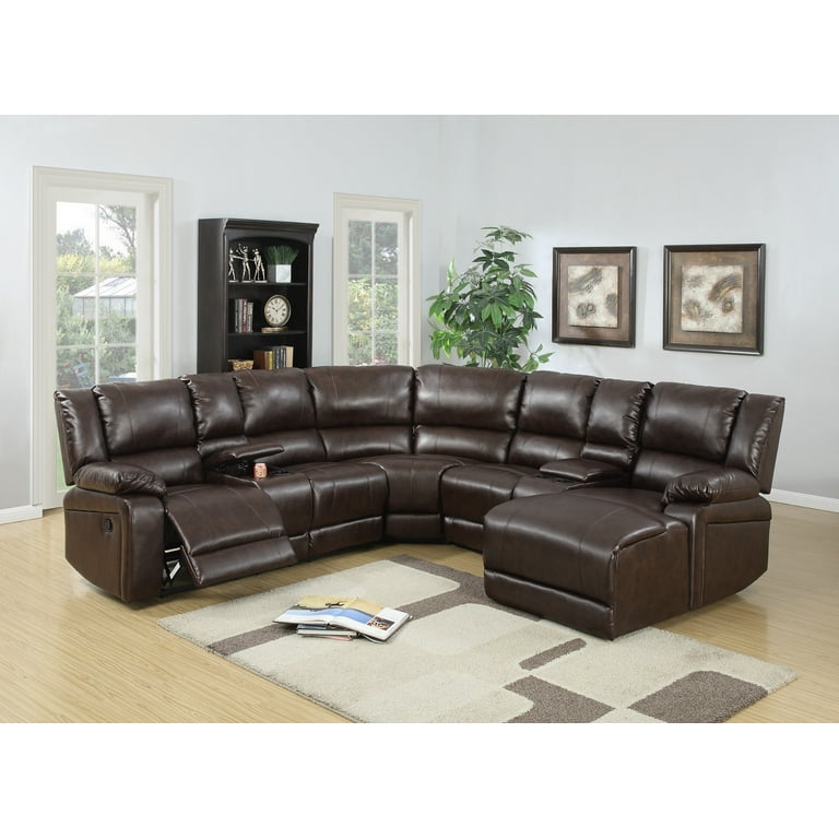 Motion Sectional Sofa Chaise Console Living Room Brown Color Bonded Leather Wedge Cushion Couch