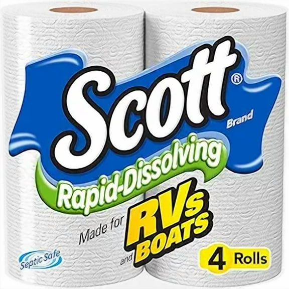 Rapid Dissolving Toilet Paper for RV Boat Camping, Septic Safe Bath Tissue, 4 Pack X 12 Rolls, Soft Absorbent Unscented, White