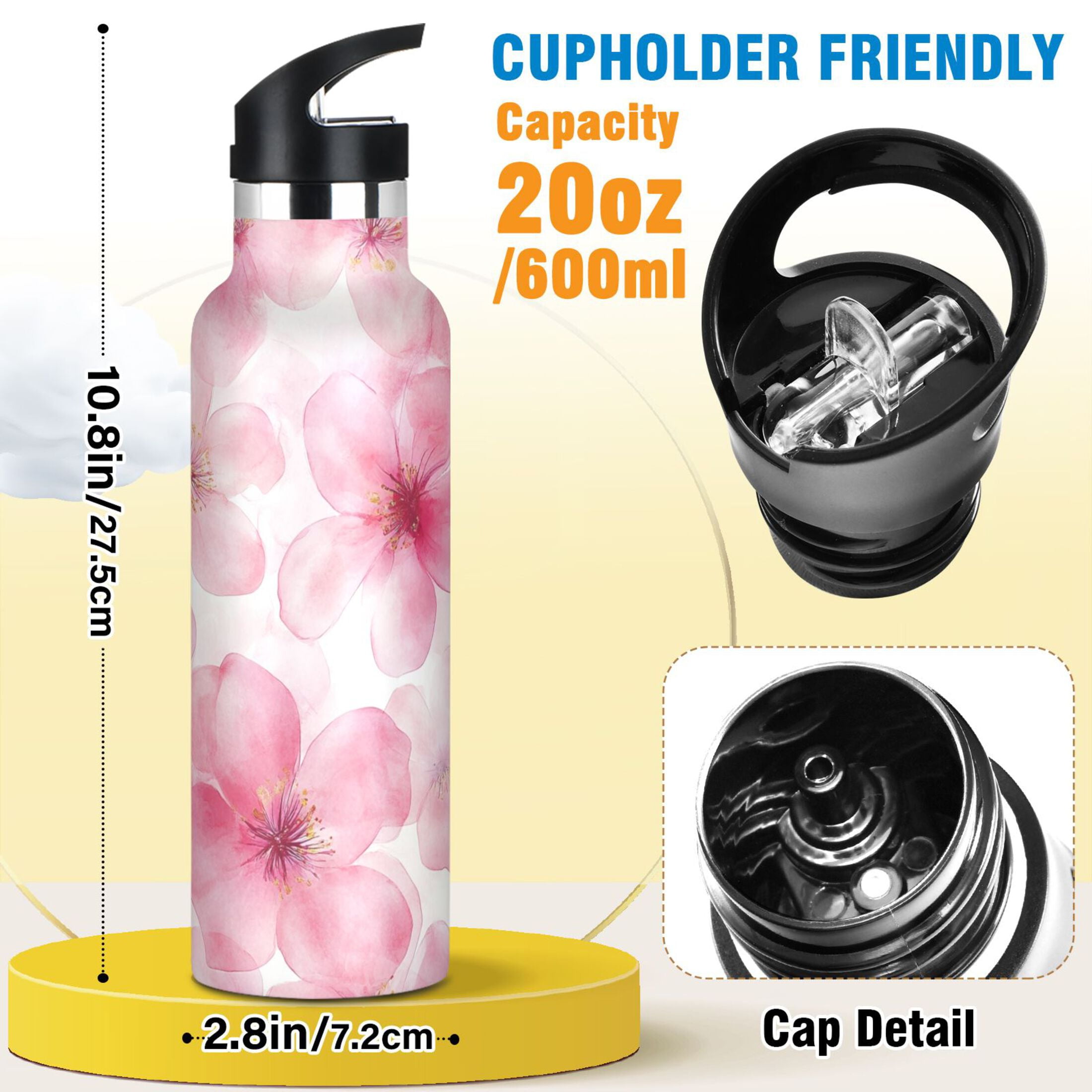 600ML Stainless Steel Insulated Cup Sports Water Bottle Portable Thermos Cup Water Glasses Insulated Tumblers Convenient and Durable Beautiful Pink Flower