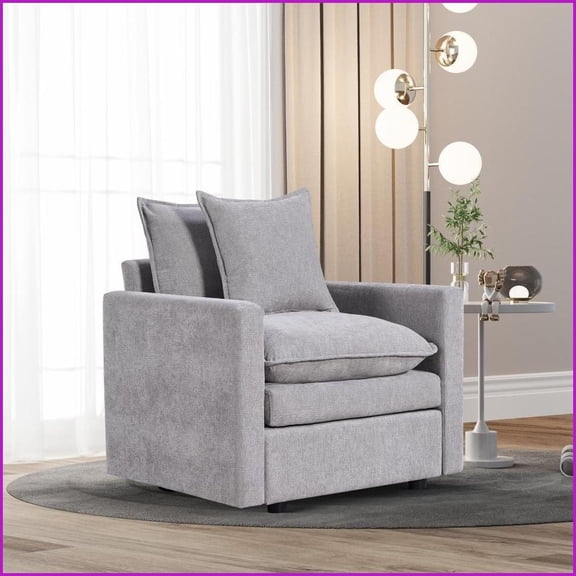 Comfy Deep Seat Chenille Single Sofa with Pillow | Gray | Square Arms | Solid Wood Frame – Living Room Reading Armchair