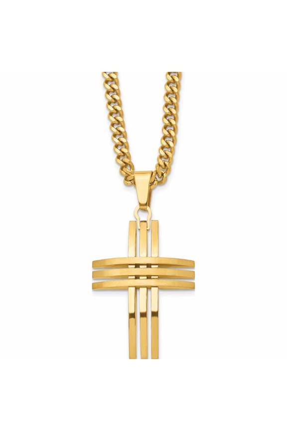 Stainless Steel Brushed And Polished Yellow Ip-Plated Cross Necklace Made In China -Jewelry By Sweet Pea