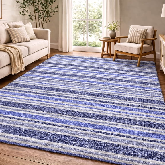 Addison Rugs Dream Shag Premium Machine Washable Transitional Stripes Blue Rectangle Rug, 10' x 14'
