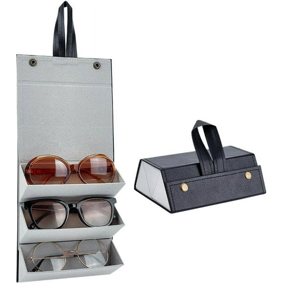 Sunglasses Organizer Case with 3 Slots PU leather Foldable Hanging Eyeglass Storage Travel Shades Case