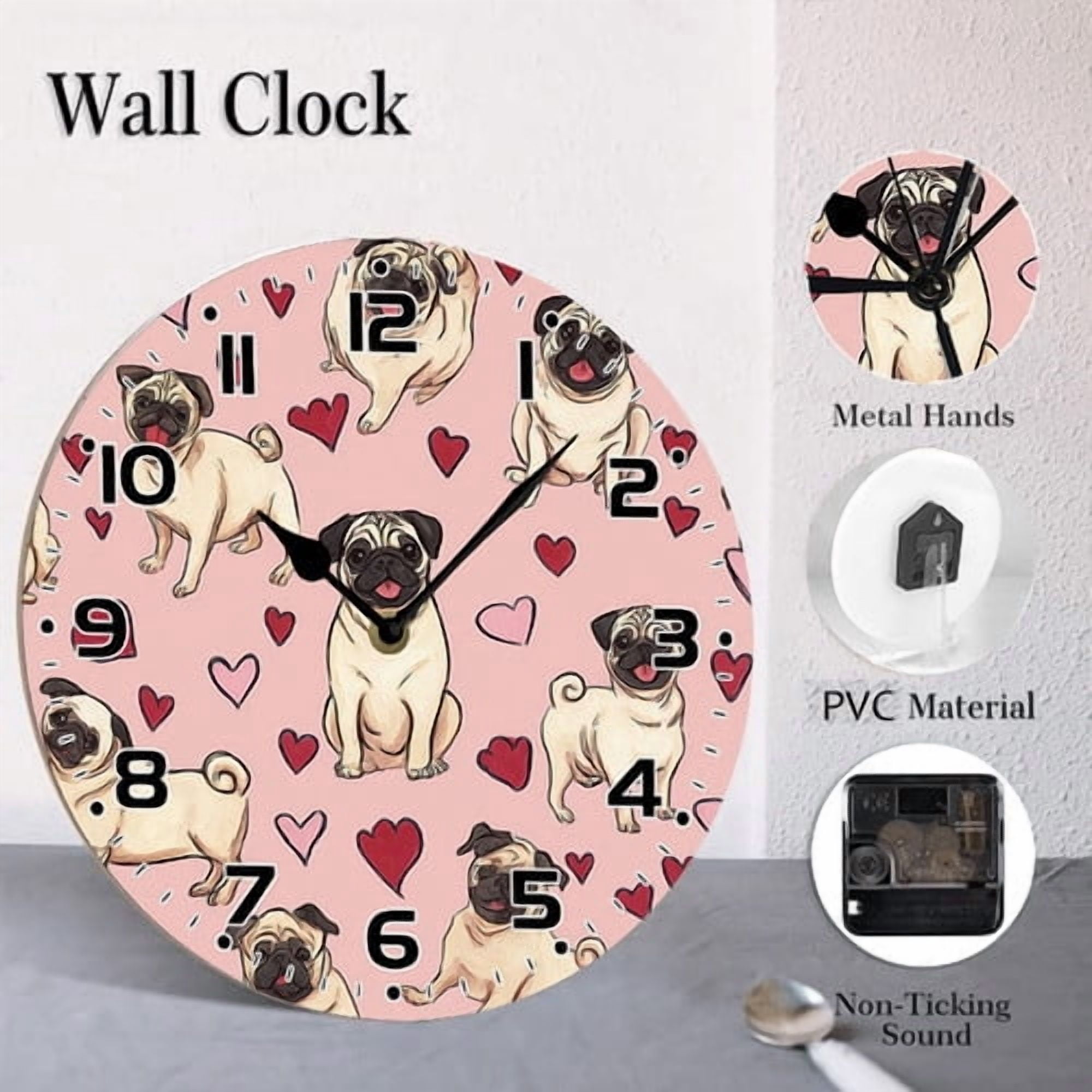 ZXCXRQFa Silent Clocks Cute Pug Themed Clock Home Decor Round Wood 10 Inch Wall Clocks Non Ticking Silent Clock Art for Living Room Kitchen Bedroom Decorative