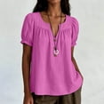 thumbnail image 4 of ZGRBOU Womens Ruffle Puff Sleeve Cotton Linen Tops V Neck Button Down Pleated Shirts Summer Casual Loose Vacasion TShirts, 4 of 7
