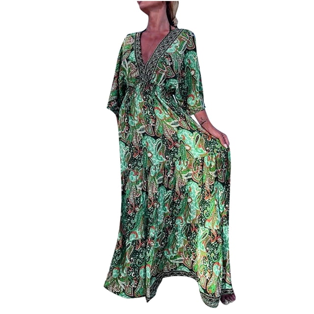 Robe Maxi Bohème pour Femmes à Manches Longues, Col en V, Taille à Nouer, Longue Robe Maxi Décontractée Ample à Étages, Fluide et Évasée, Robe de Plage
